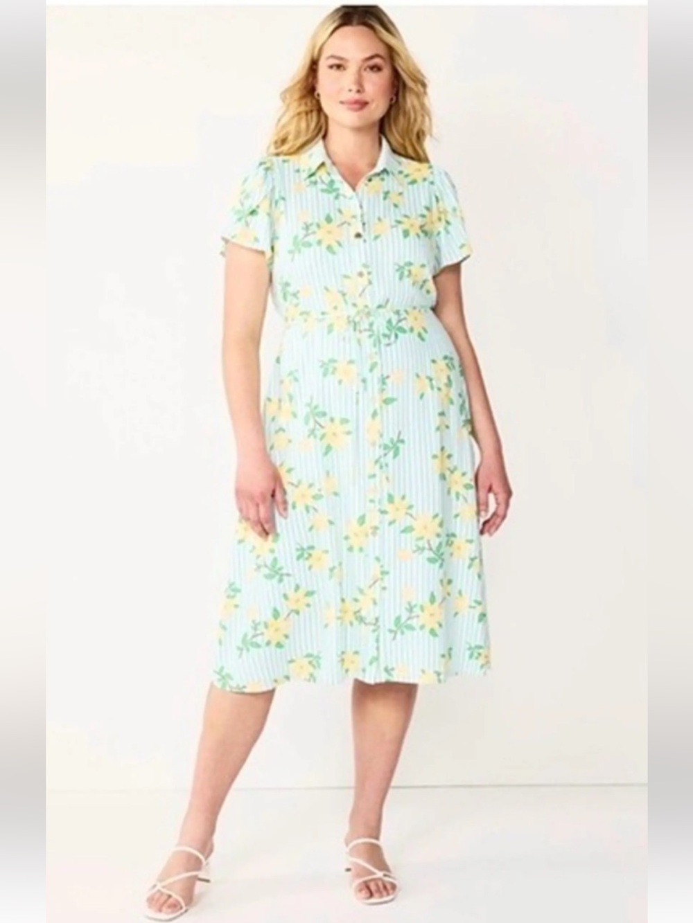 DRAPER JAMES RSVP Floral Striped Linen Blend Button Up Belted Midi Dress Sz XXL